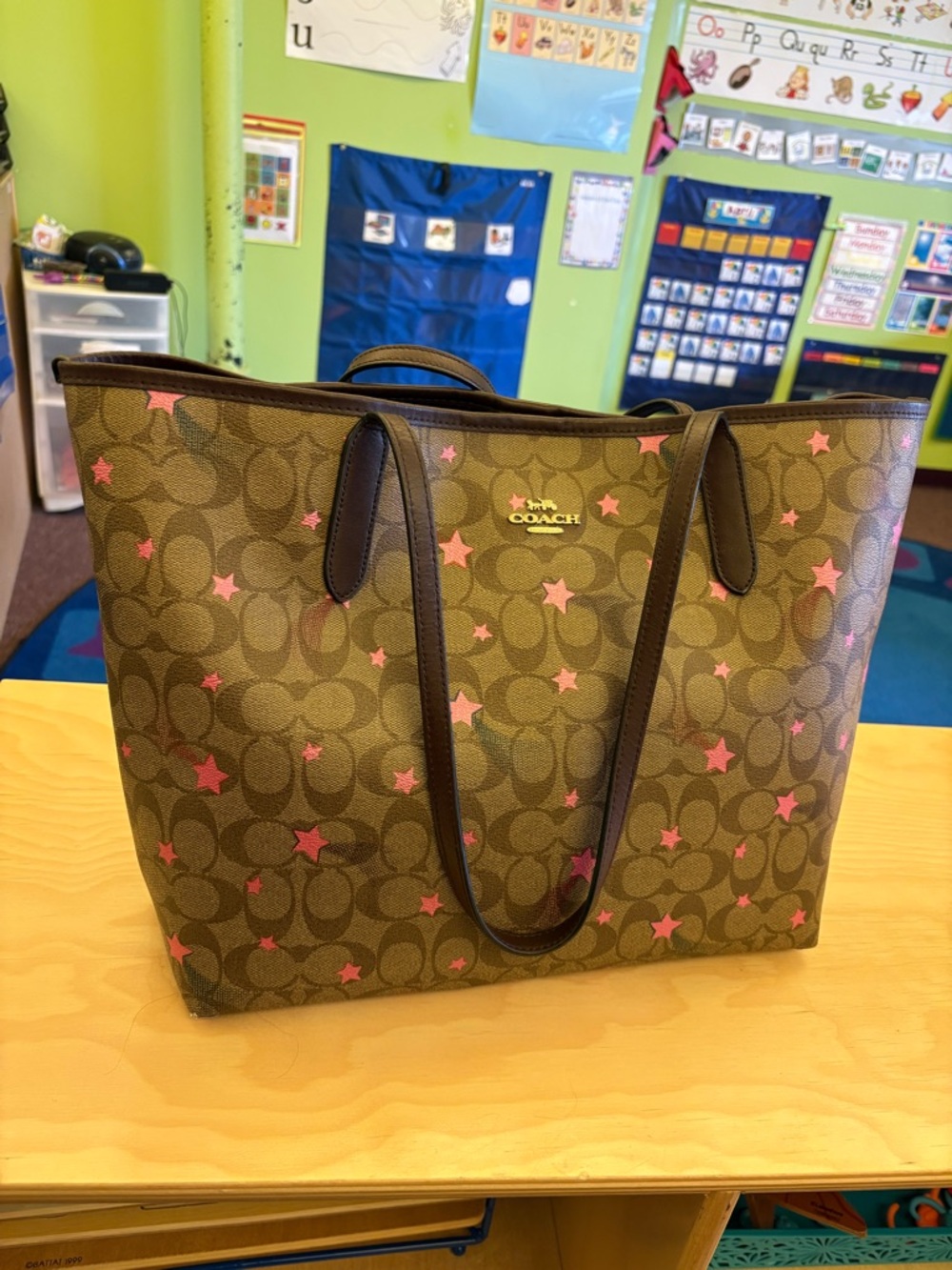 Coach Brown Signature Tote with Pink Star Print